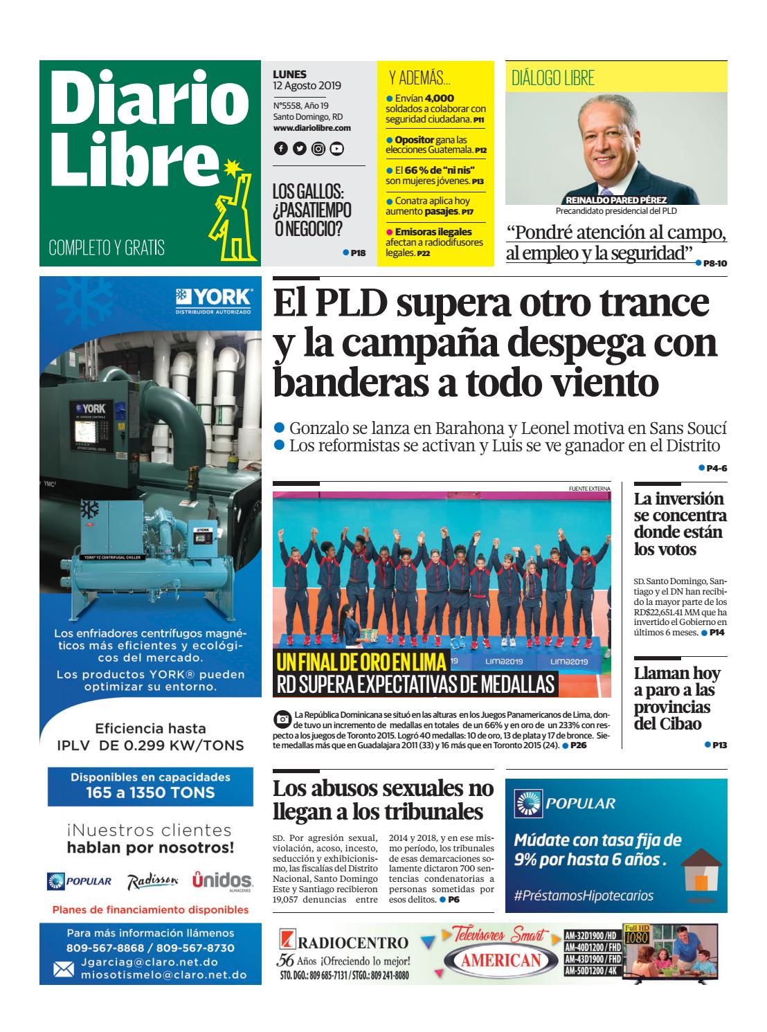 Portada Periódico Diario Libre, Lunes 12 de Agosto, 2019