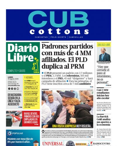 Portada Periódico Diario Libre, Lunes 19 de Agosto, 2019