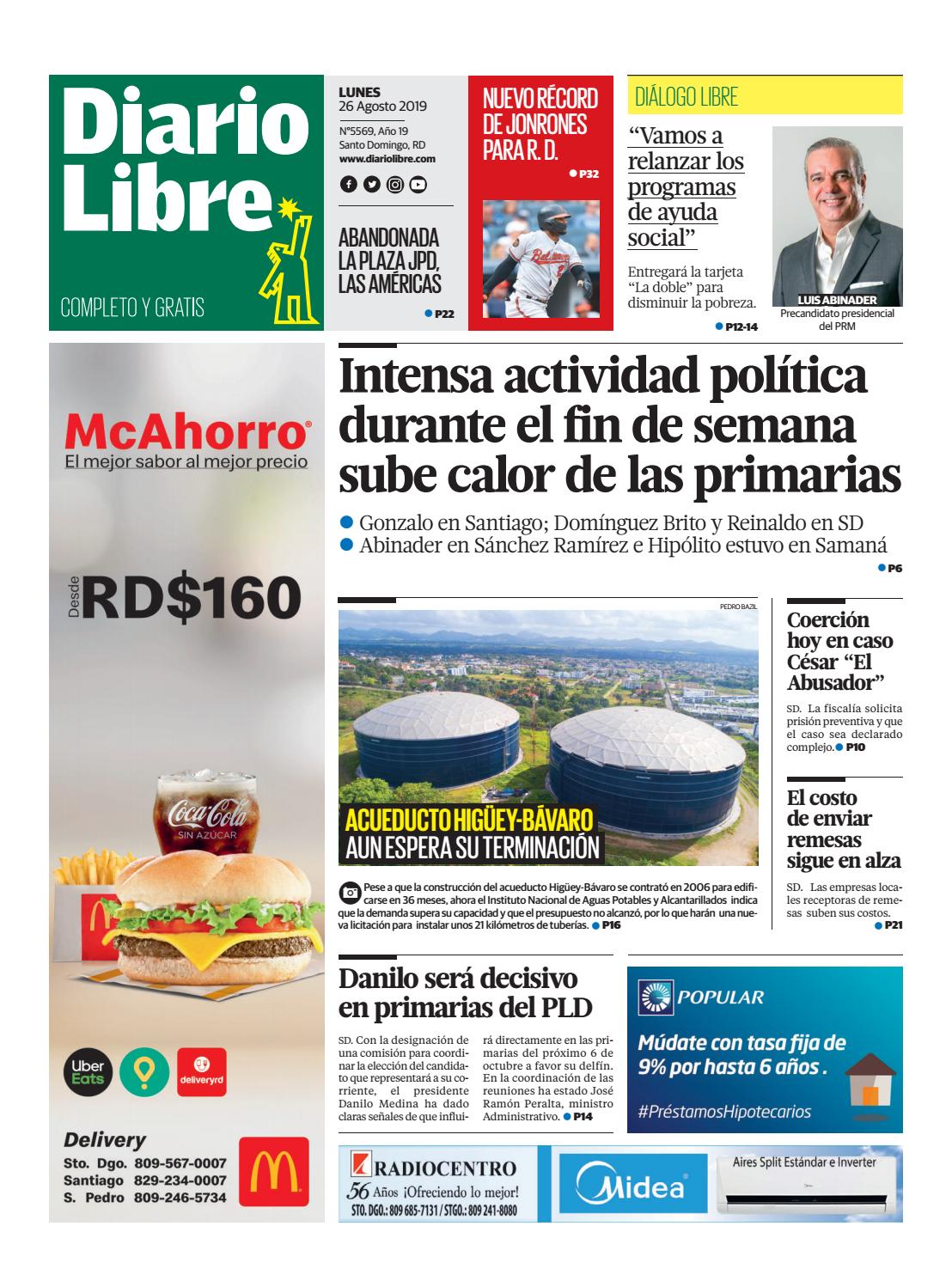 Portada Periódico Diario Libre, Lunes 26 de Agosto, 2019