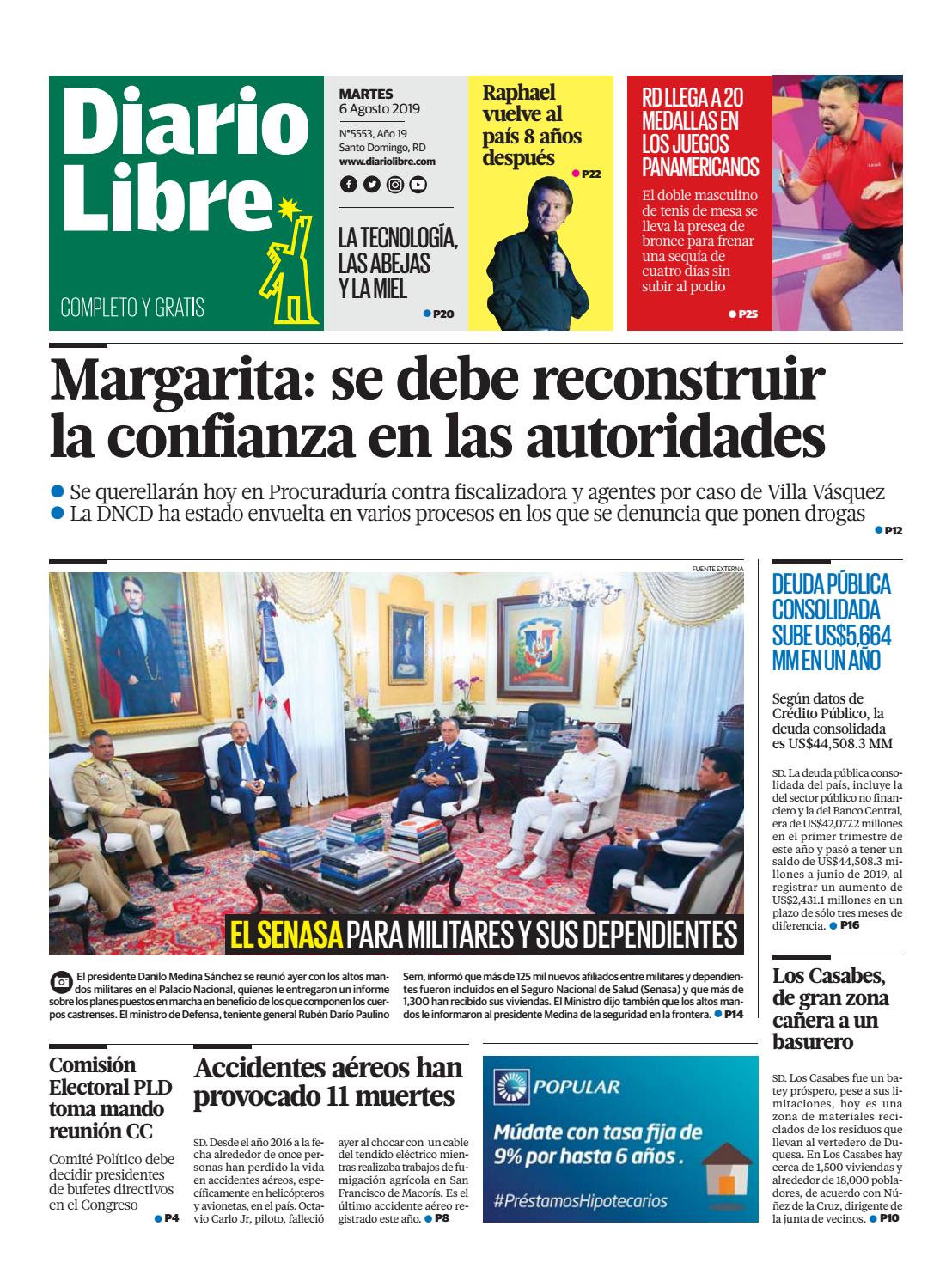 Portada Periódico Diario Libre, Martes 06 de Agosto, 2019