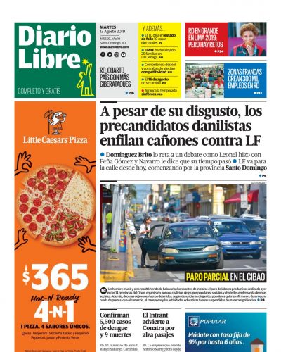 Portada Periódico Diario Libre, Martes 13 de Agosto, 2019