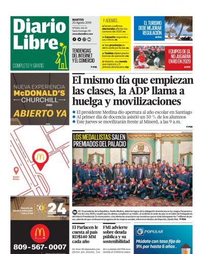 Portada Periódico Diario Libre, Martes 20 de Agosto, 2019