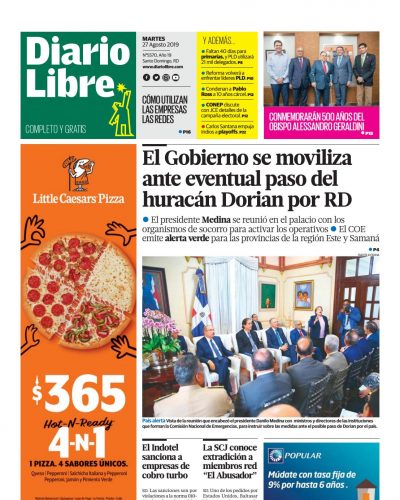 Portada Periódico Diario Libre, Martes 27 de Agosto, 2019