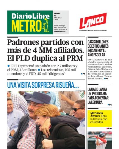 Portada Periódico Diario Libre Metro, Lunes 19 de Agosto, 2019