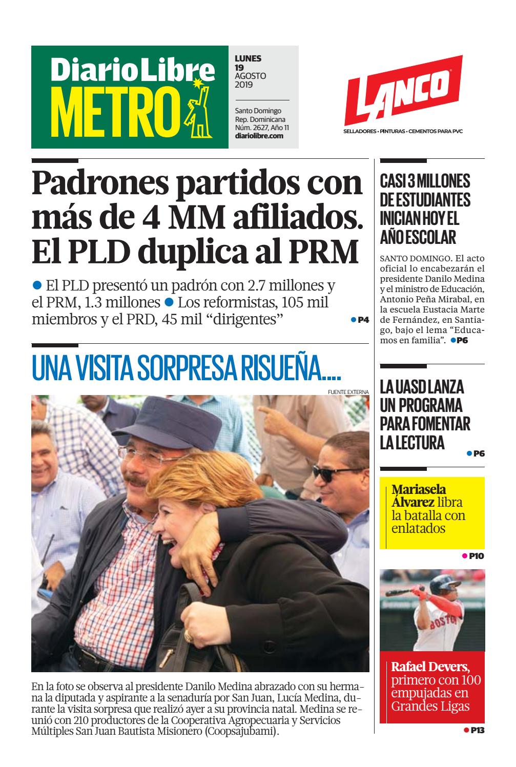 Portada Periódico Diario Libre Metro, Lunes 19 de Agosto, 2019