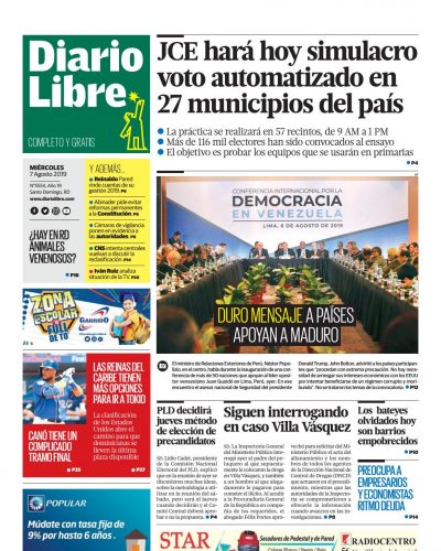 Portada Periódico Diario Libre, Miércoles 07 de Agosto, 2019