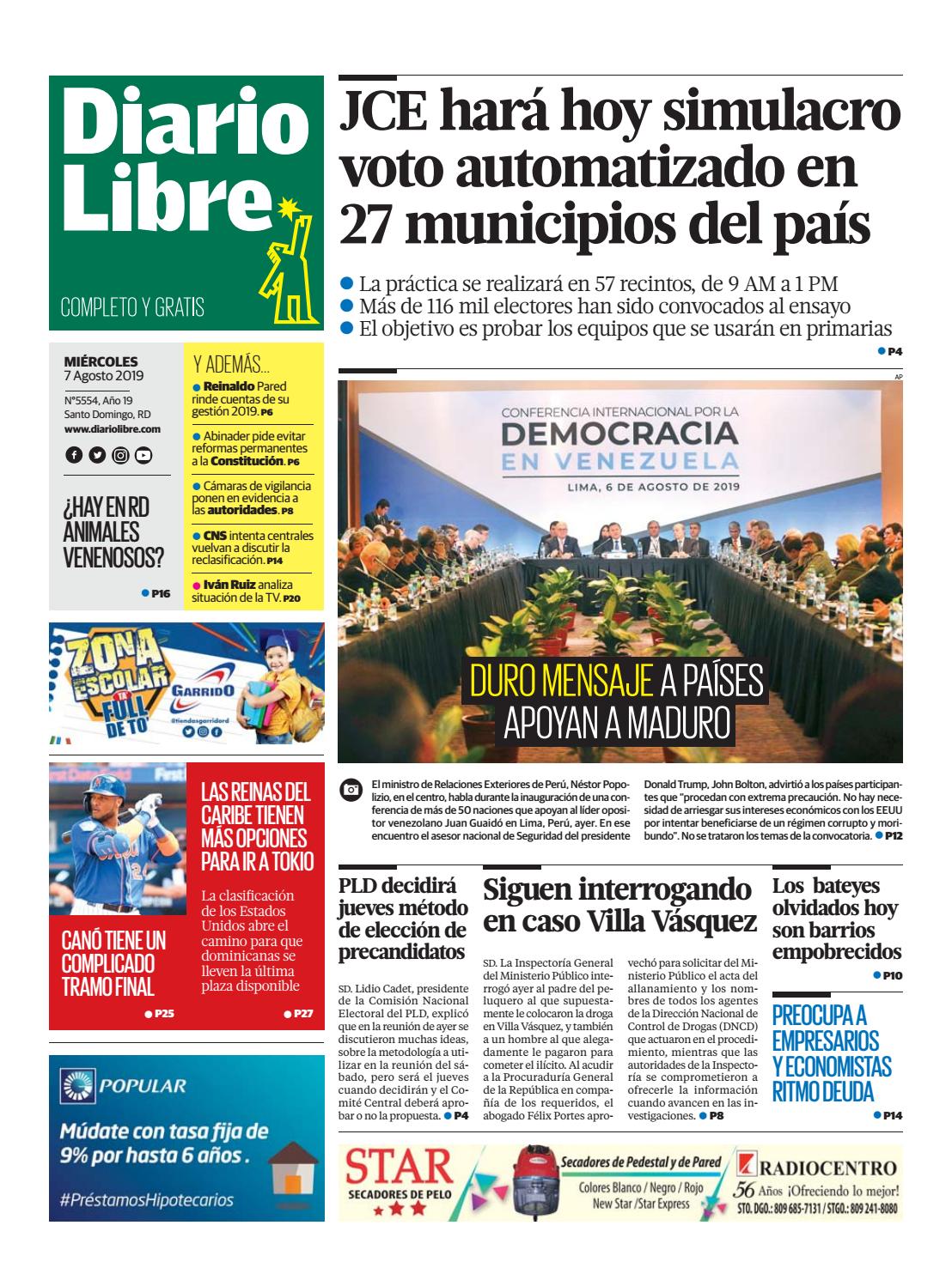 Portada Periódico Diario Libre, Miércoles 07 de Agosto, 2019
