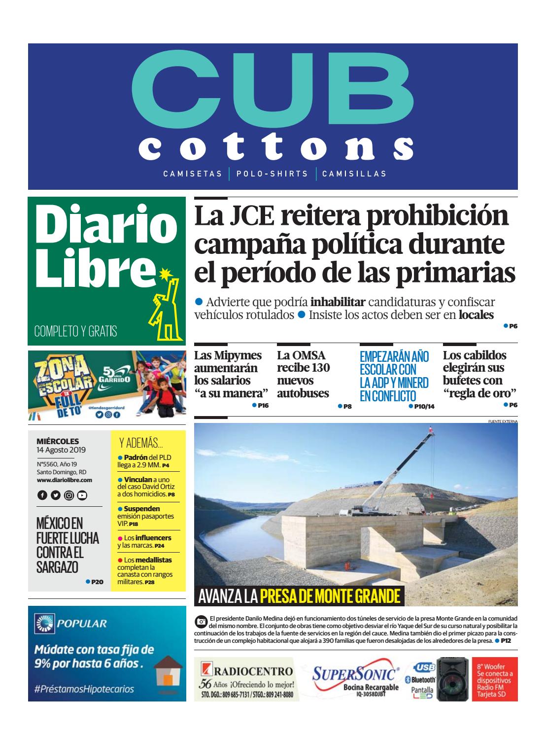 Portada Periódico Diario Libre, Miércoles 14 de Agosto, 2019