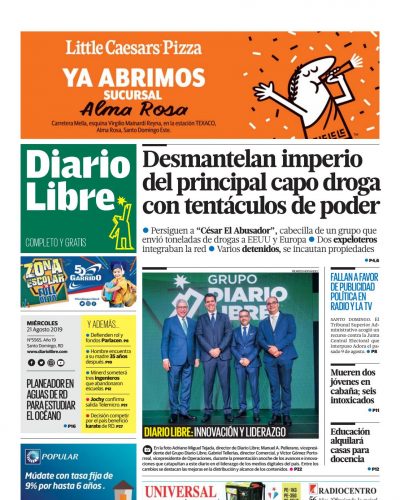 Portada Periódico Diario Libre, Miércoles 21 de Agosto, 2019