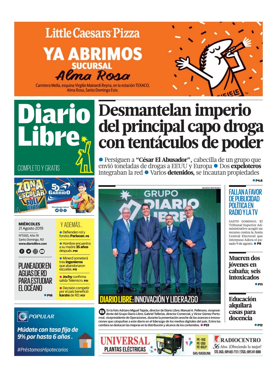 Portada Periódico Diario Libre, Miércoles 21 de Agosto, 2019