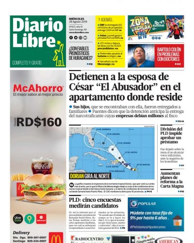 Portada Periódico Diario Libre, Miércoles 28 de Agosto, 2019