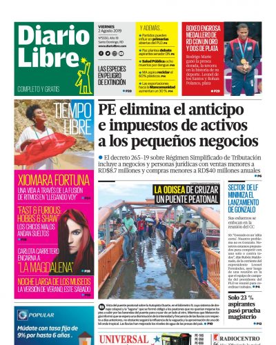 Portada Periódico Diario Libre, Viernes 02 de Agosto, 2019