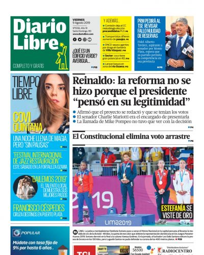 Portada Periódico Diario Libre, Viernes 09 de Agosto, 2019