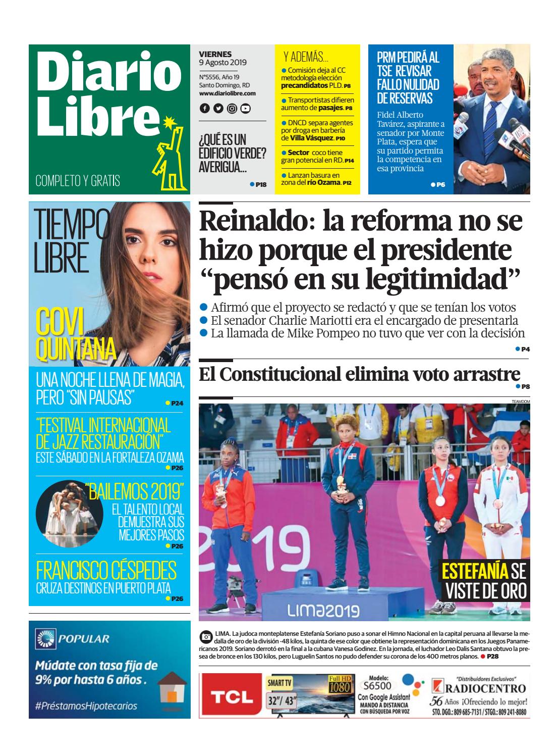 Portada Periódico Diario Libre, Viernes 09 de Agosto, 2019