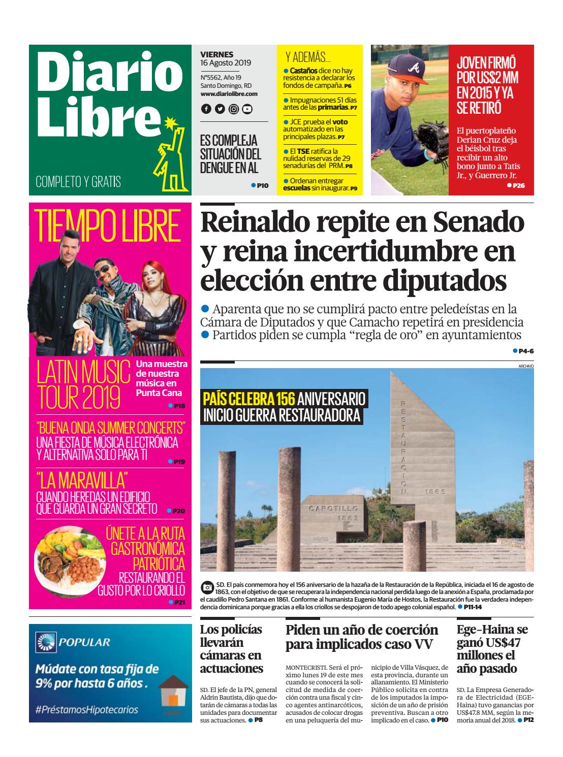 Portada Periódico Diario Libre, Viernes 16 de Agosto, 2019
