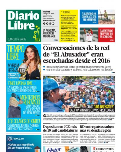 Portada Periódico Diario Libre, Viernes 23 de Agosto, 2019