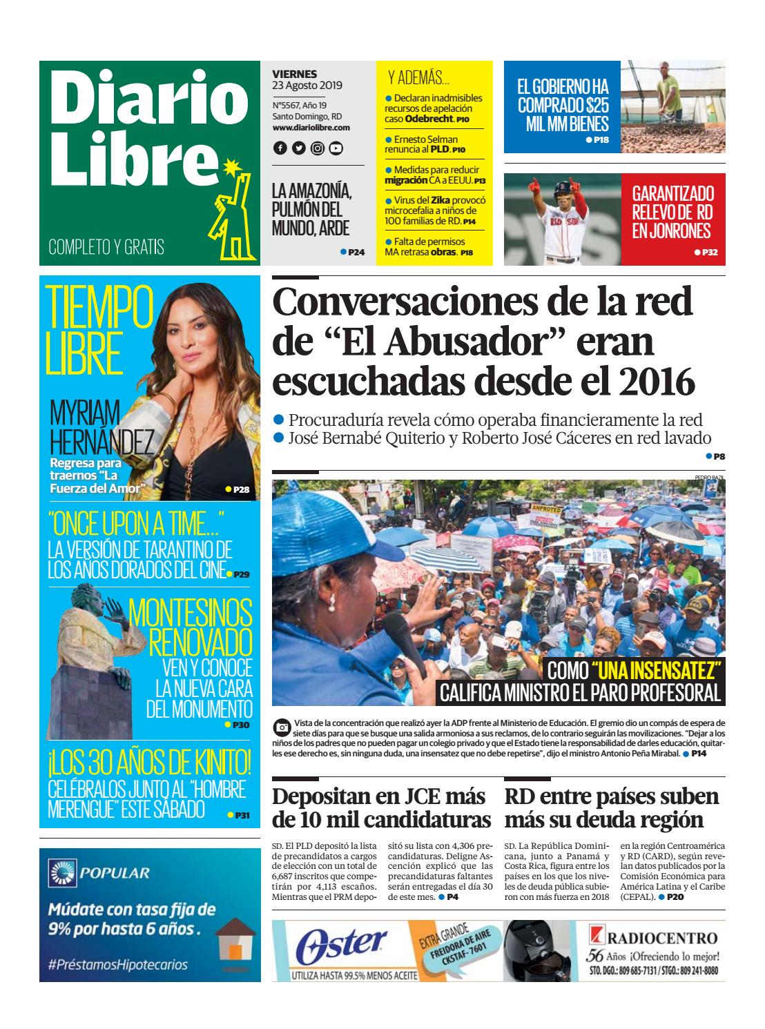 Portada Periódico Diario Libre, Viernes 23 de Agosto, 2019