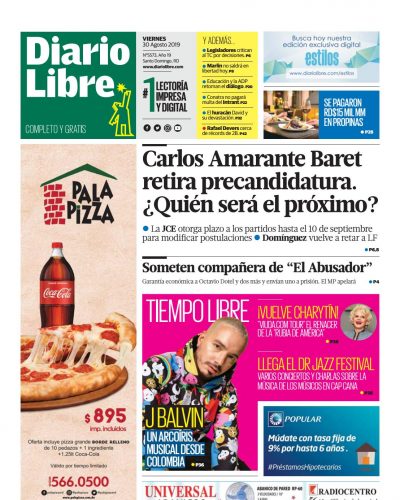 Portada Periódico Diario Libre, Viernes 30 de Agosto, 2019