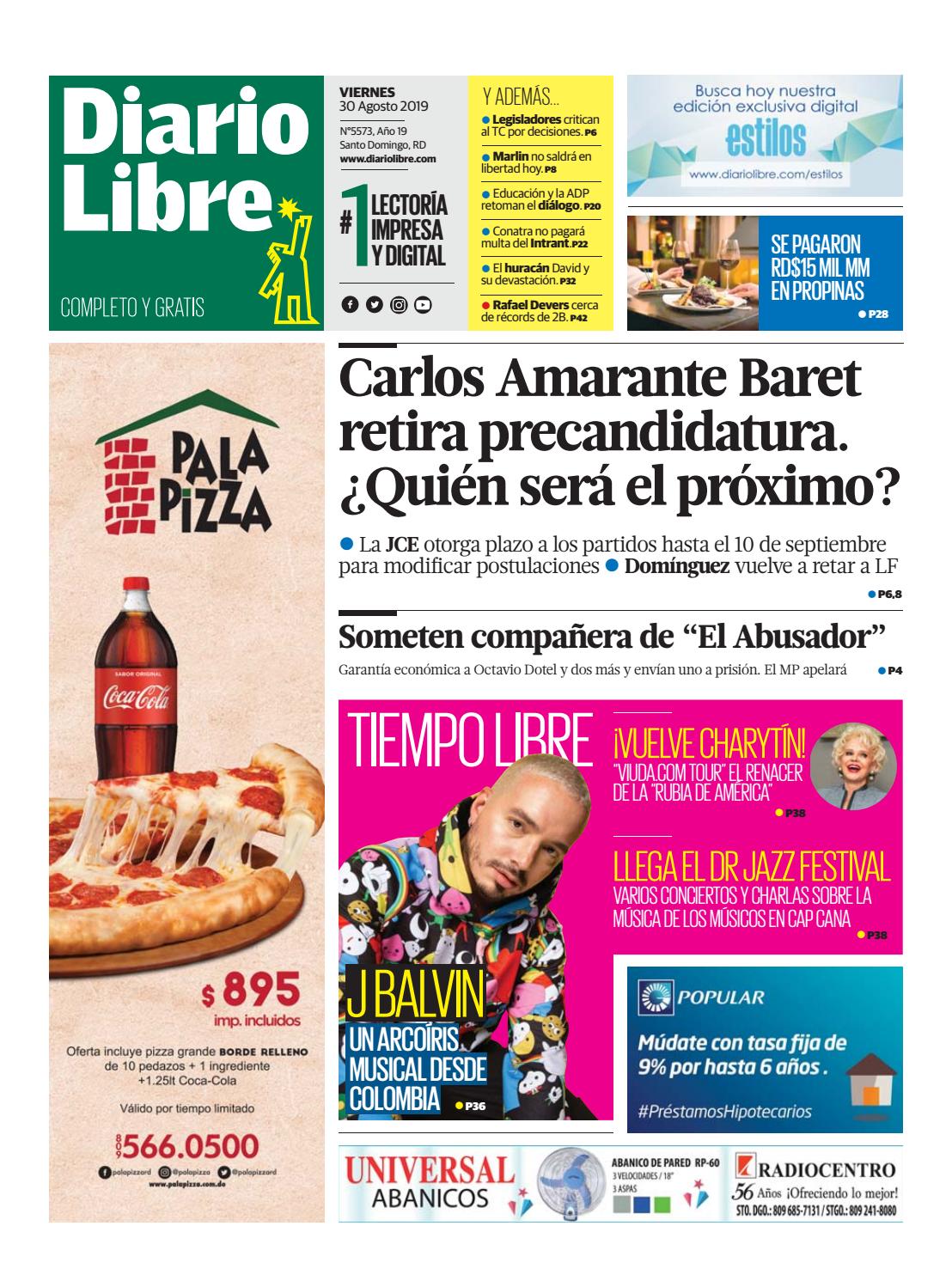 Portada Periódico Diario Libre, Viernes 30 de Agosto, 2019