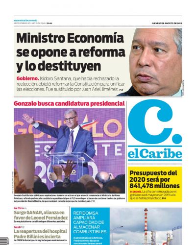 Portada Periódico El Caribe, Jueves 01 de Agosto, 2019
