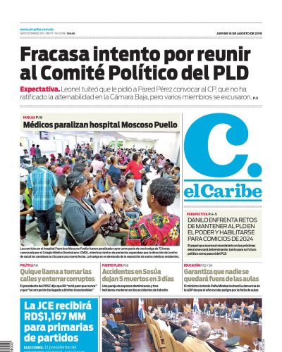 Portada Periódico El Caribe, Jueves 15 de Agosto, 2019