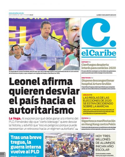 Portada Periódico El Caribe, Lunes 19 de Agosto, 2019