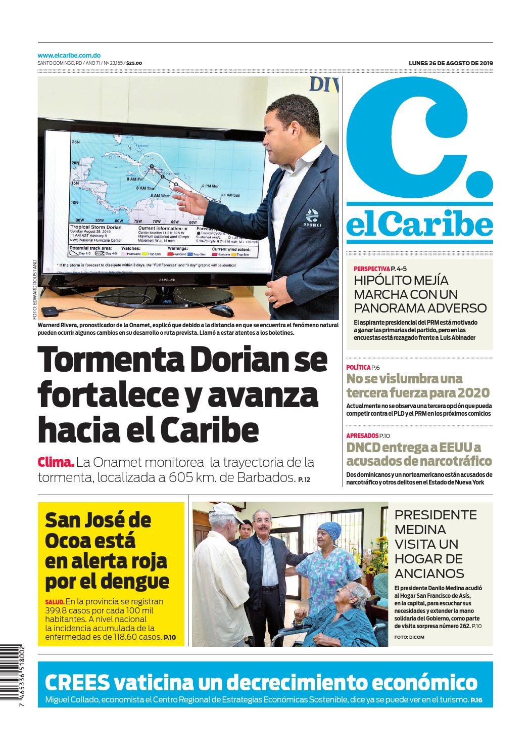 Portada Periódico El Caribe, Lunes 26 de Agosto, 2019