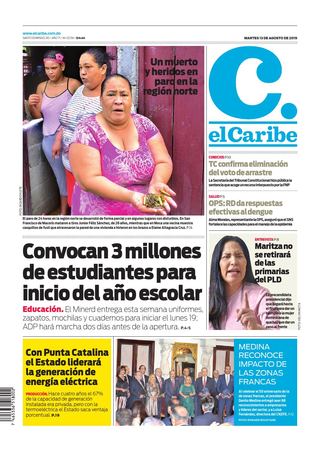 Portada Periódico El Caribe, Martes 13 de Agosto, 2019