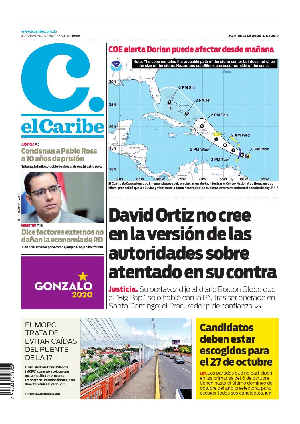 Portada Periódico El Caribe, Martes 27 de Agosto, 2019