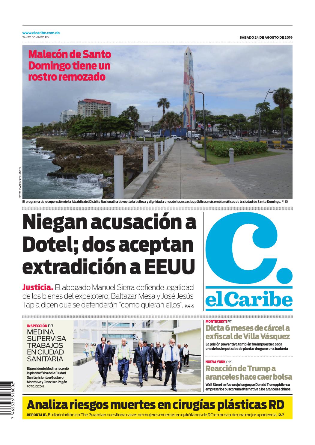 Portada Periódico El Caribe, Sábado 24 de Agosto, 2019