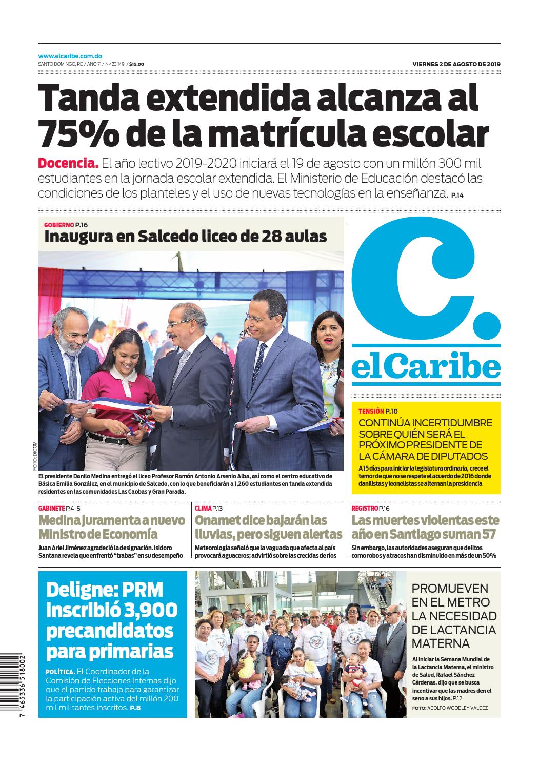 Portada Periódico El Caribe, Viernes 02 de Agosto, 2019