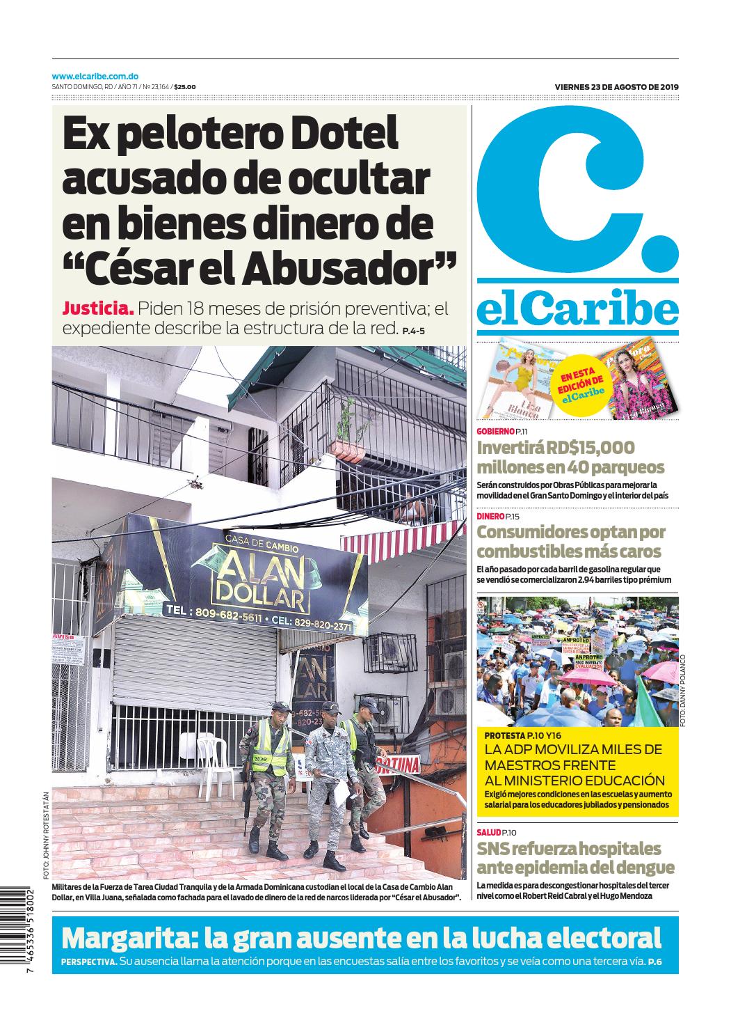 Portada Periódico El Caribe, Viernes 23 de Agosto, 2019