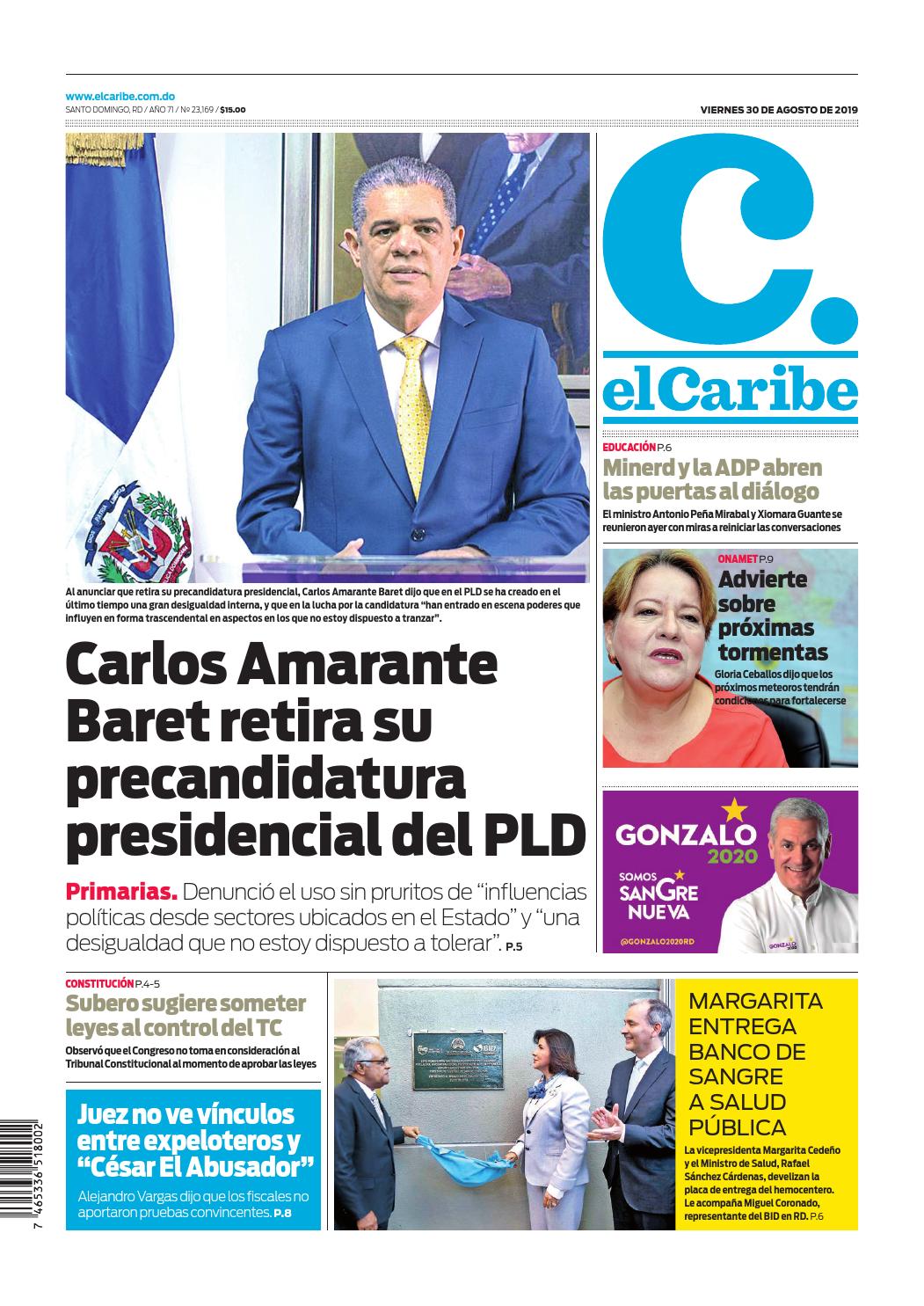 Portada Periódico El Caribe, Viernes 30 de Agosto, 2019