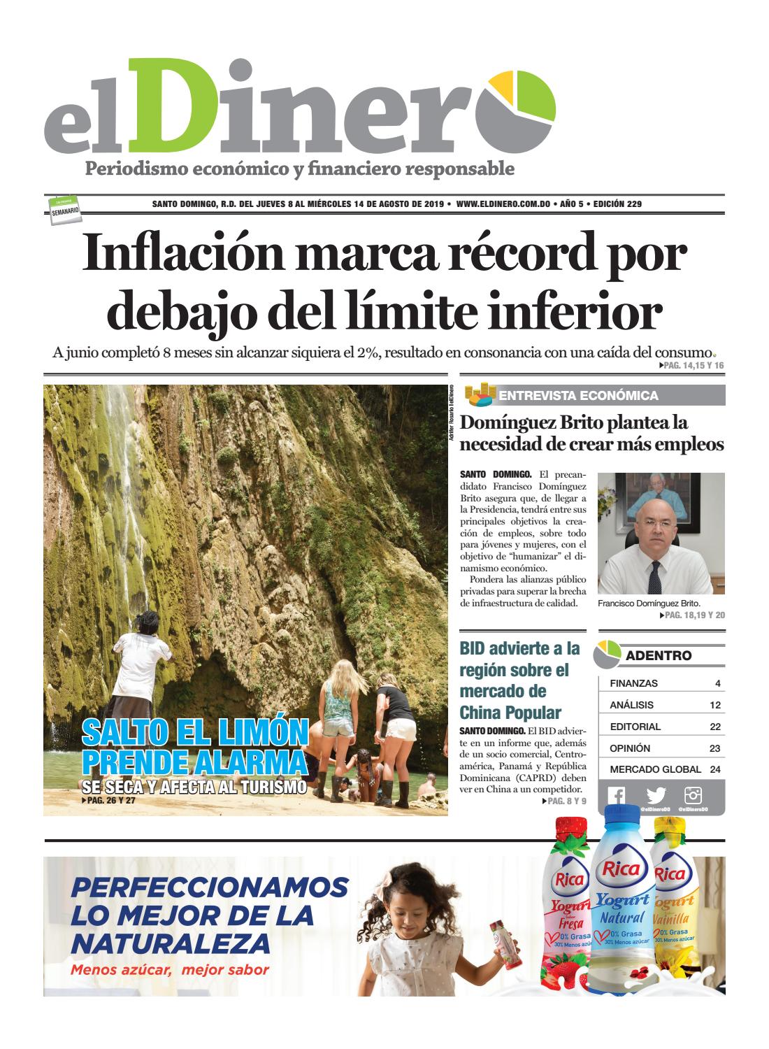 Portada Periódico El Dinero, Jueves 08 de Agosto, 2019