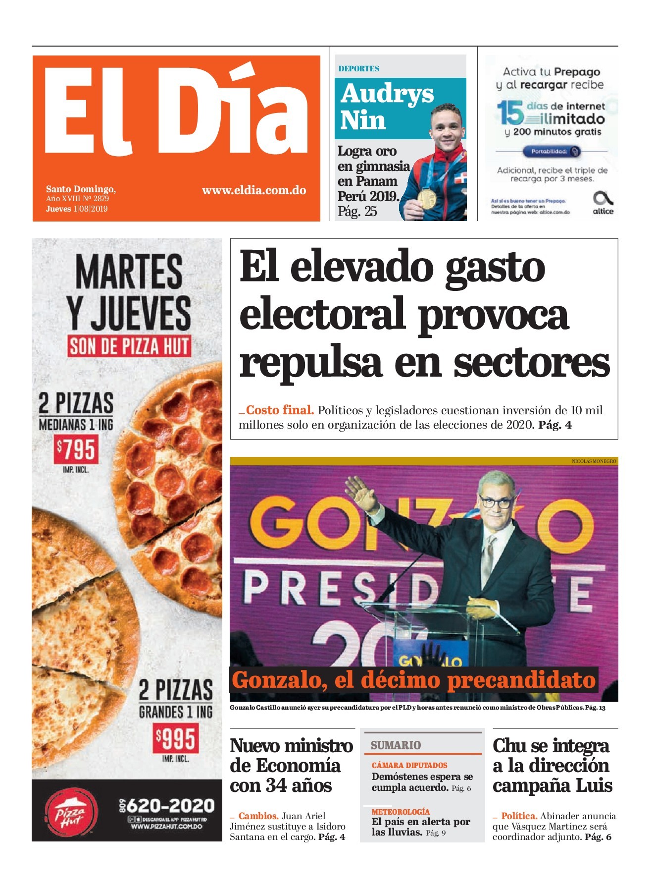 Portada Periódico El Día, Jueves 01 de Agosto, 2019