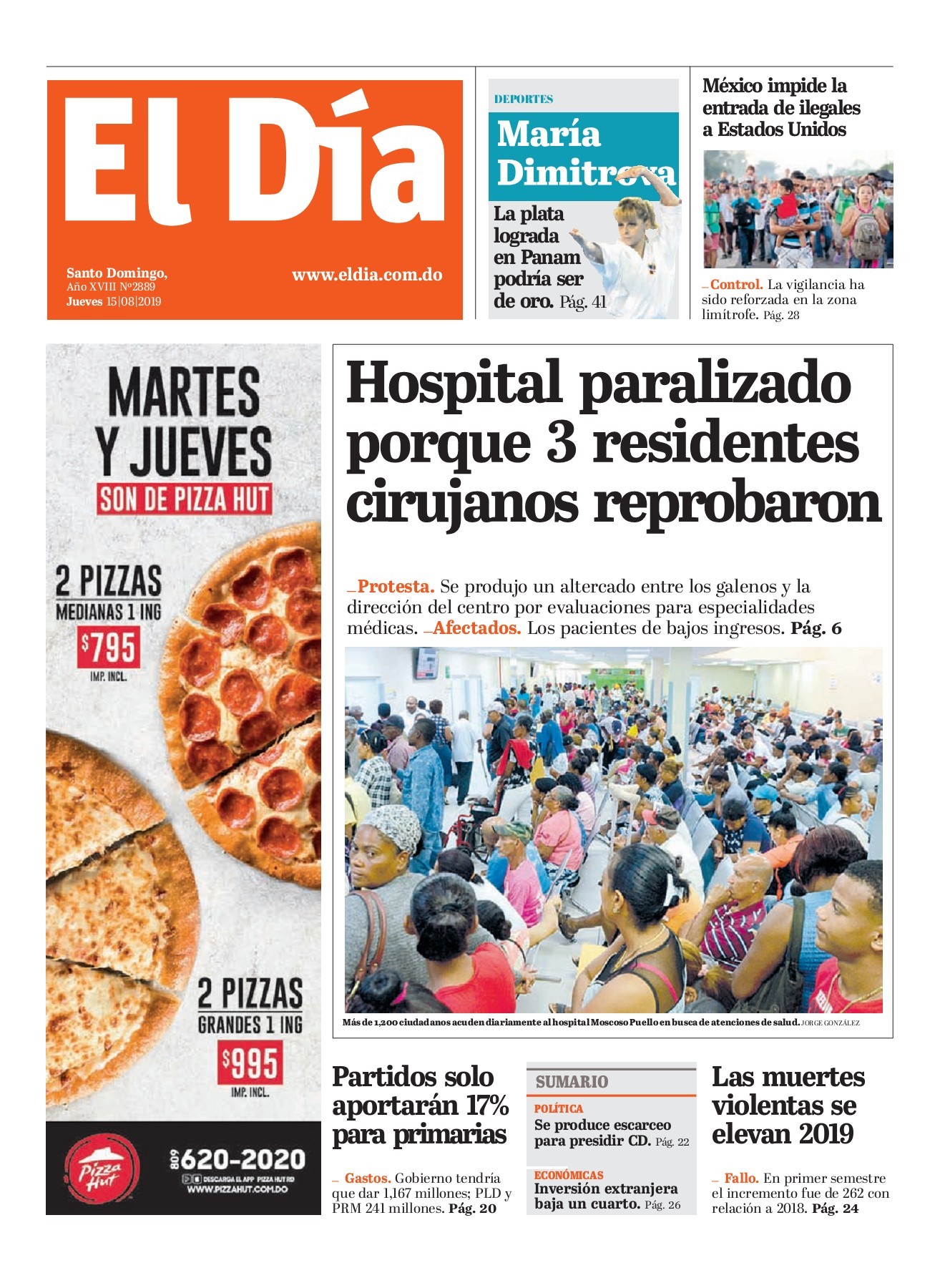Portada Periódico El Día, Jueves 15 de Agosto, 2019