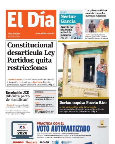 Portada Periódico El Día, Jueves 29 de Agosto, 2019