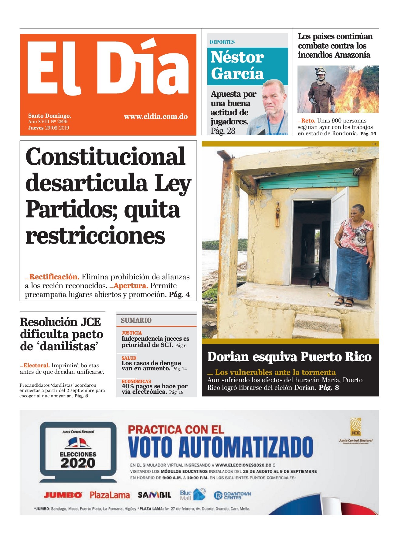 Portada Periódico El Día, Jueves 29 de Agosto, 2019
