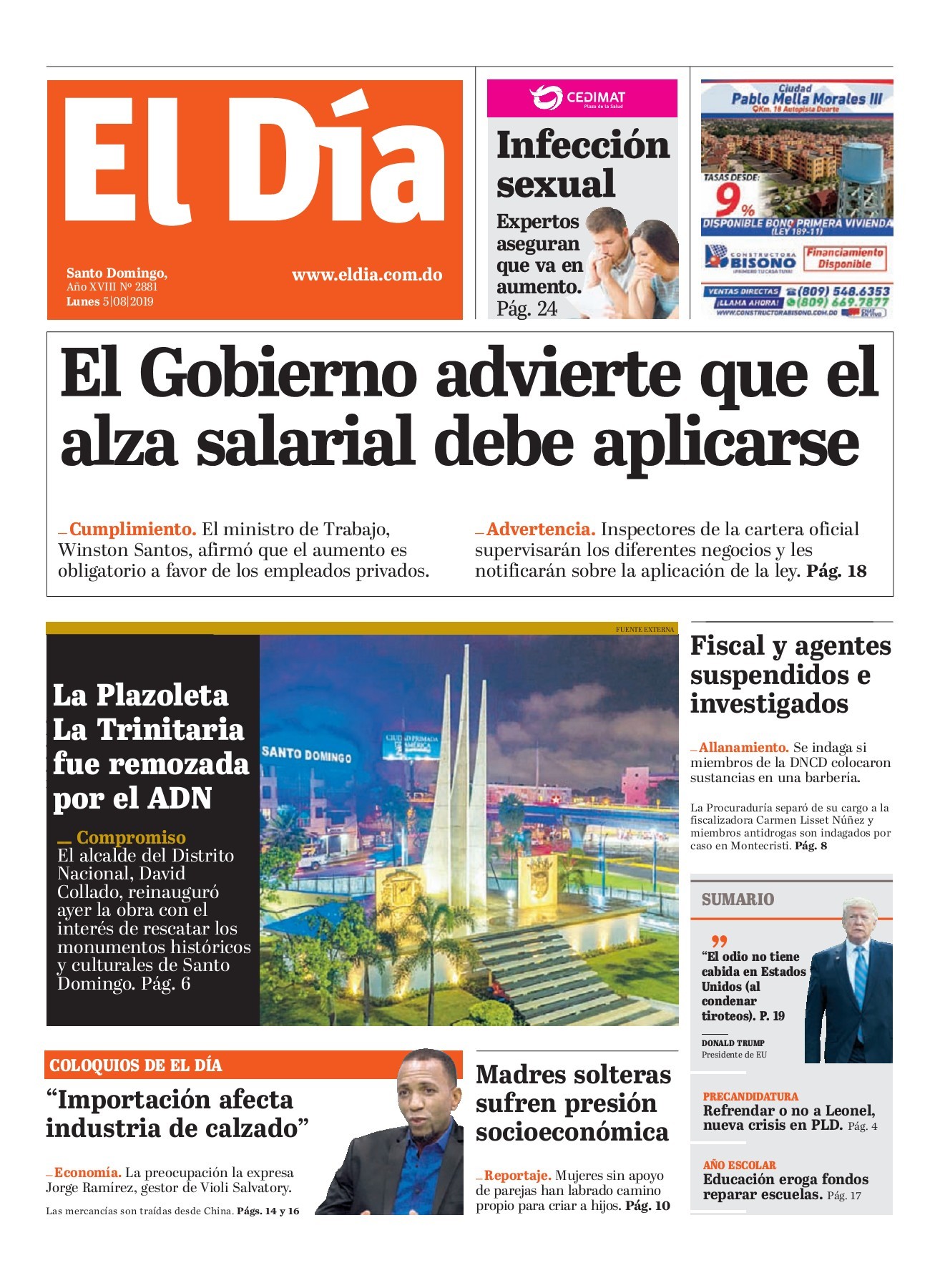 Portada Periódico El Día, Lunes 05 de Agosto, 2019