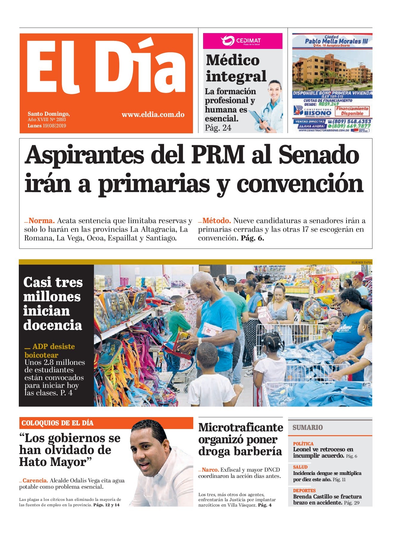 Portada Periódico El Día, Lunes 19 de Agosto, 2019