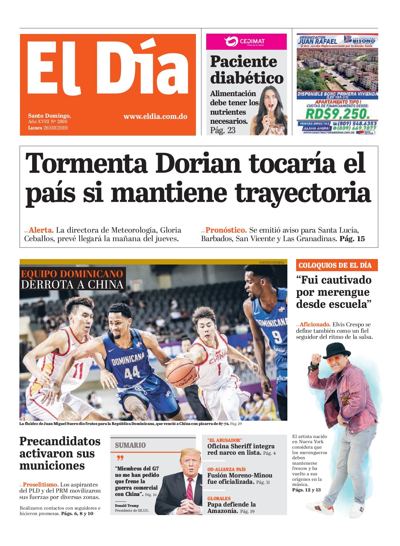 Portada Periódico El Día, Lunes 26 de Agosto, 2019