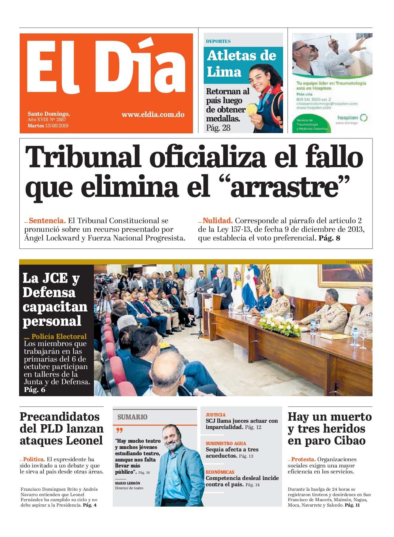 Portada Periódico El Día, Martes 13 de Agosto, 2019