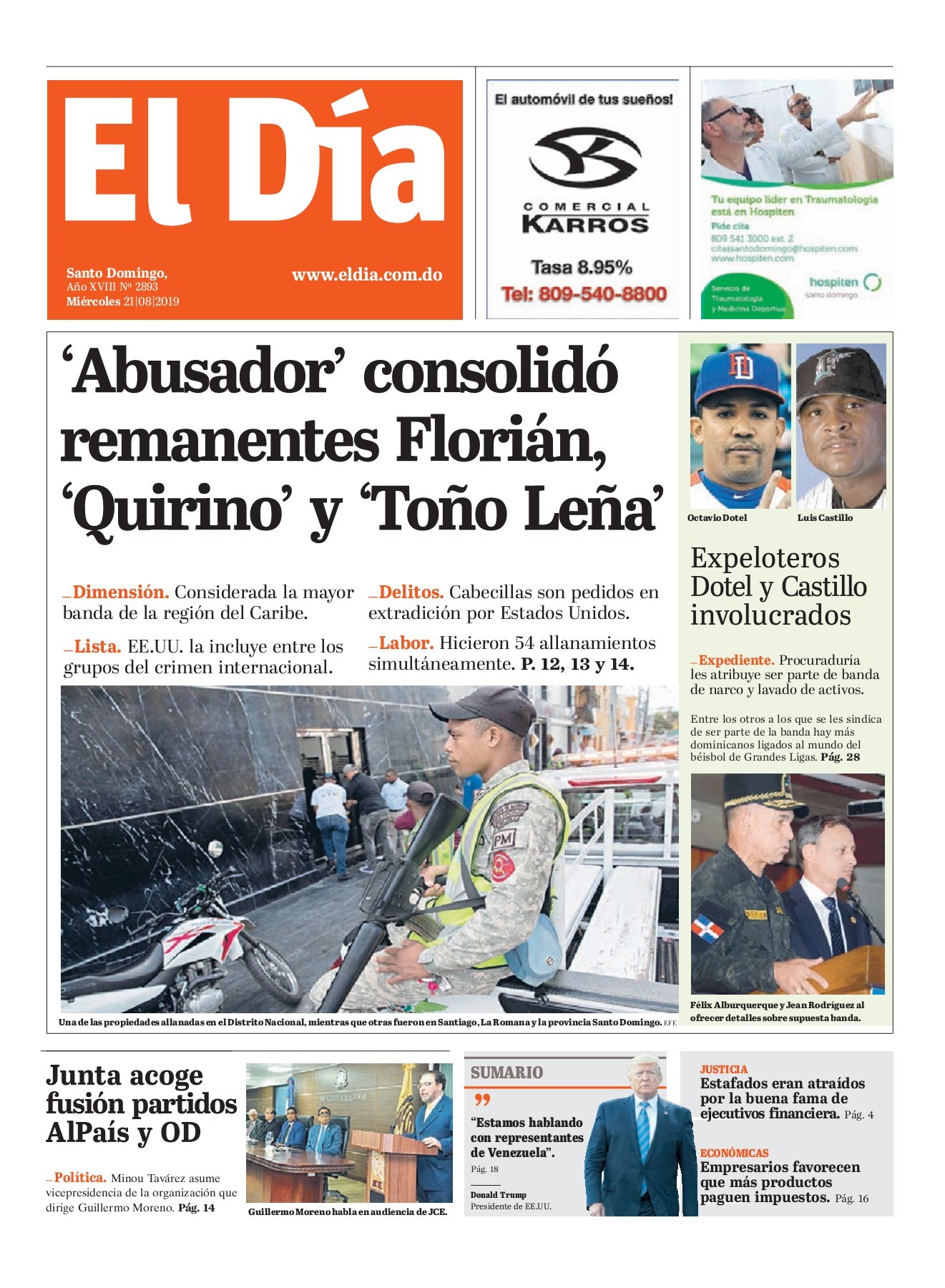 Portada Periódico El Día, Miércoles 21 de Agosto, 2019