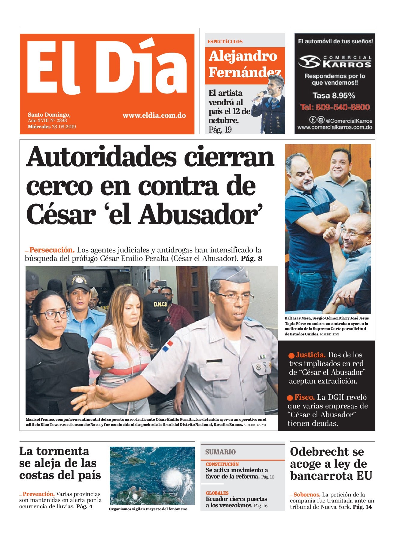 Portada Periódico El Día, Miércoles 28 de Agosto, 2019