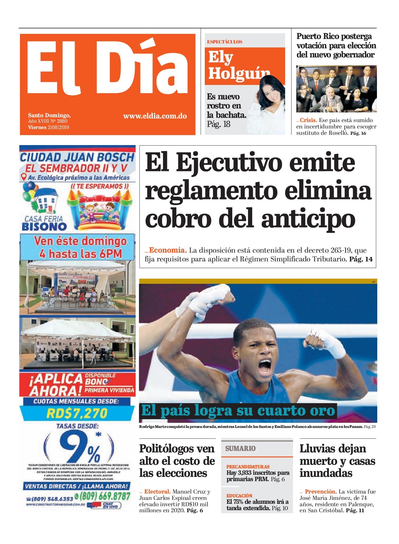 Portada Periódico El Día, Viernes 02 de Agosto, 2019