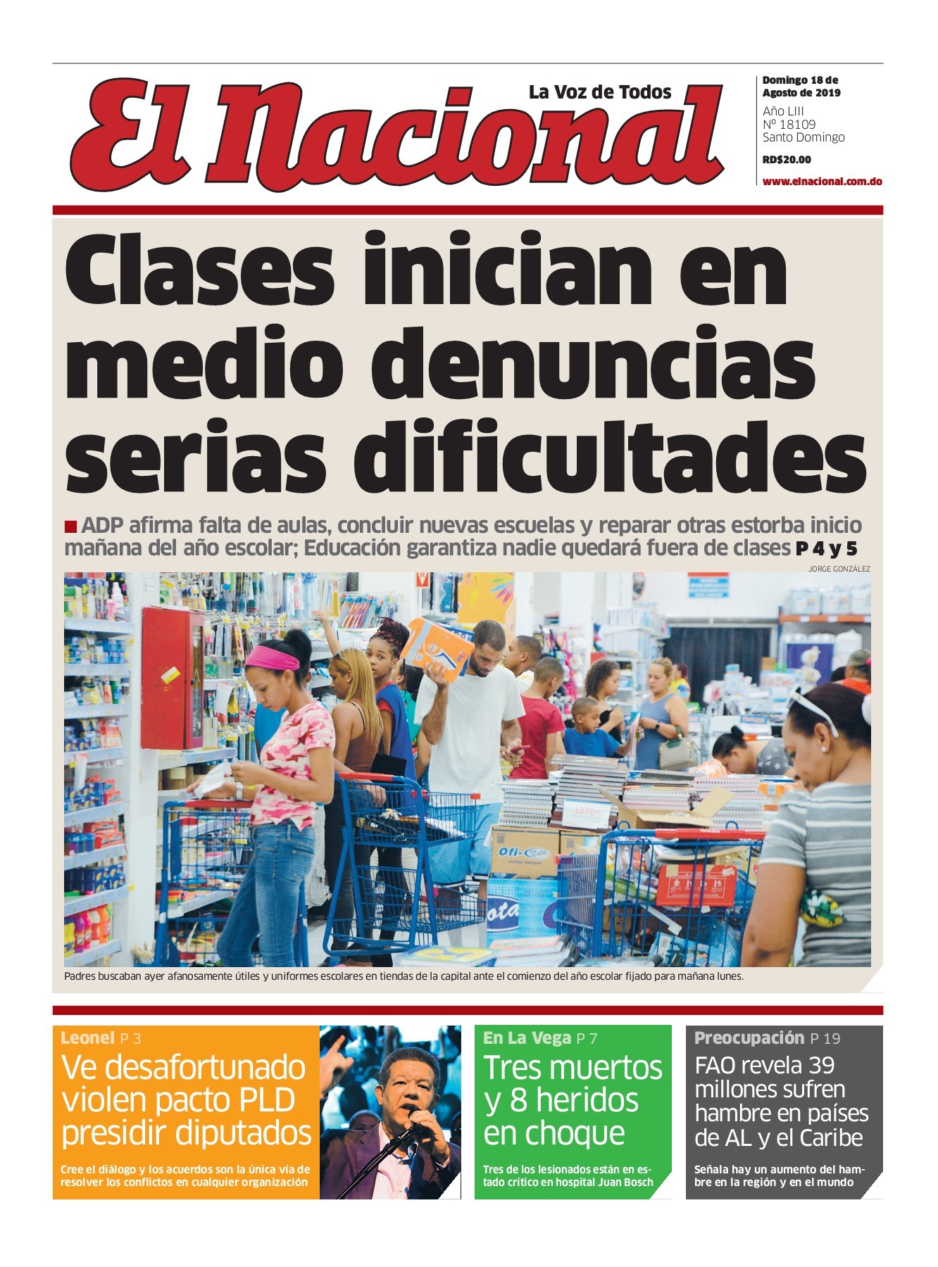 Portada Periódico El Nacional, Domingo 18 de Agosto, 2019