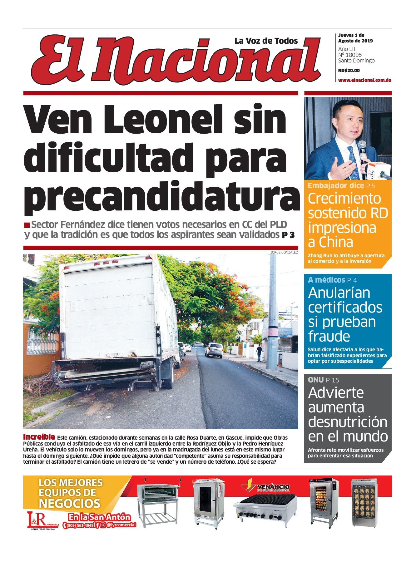 Portada Periódico El Nacional, Jueves 01 de Agosto, 2019