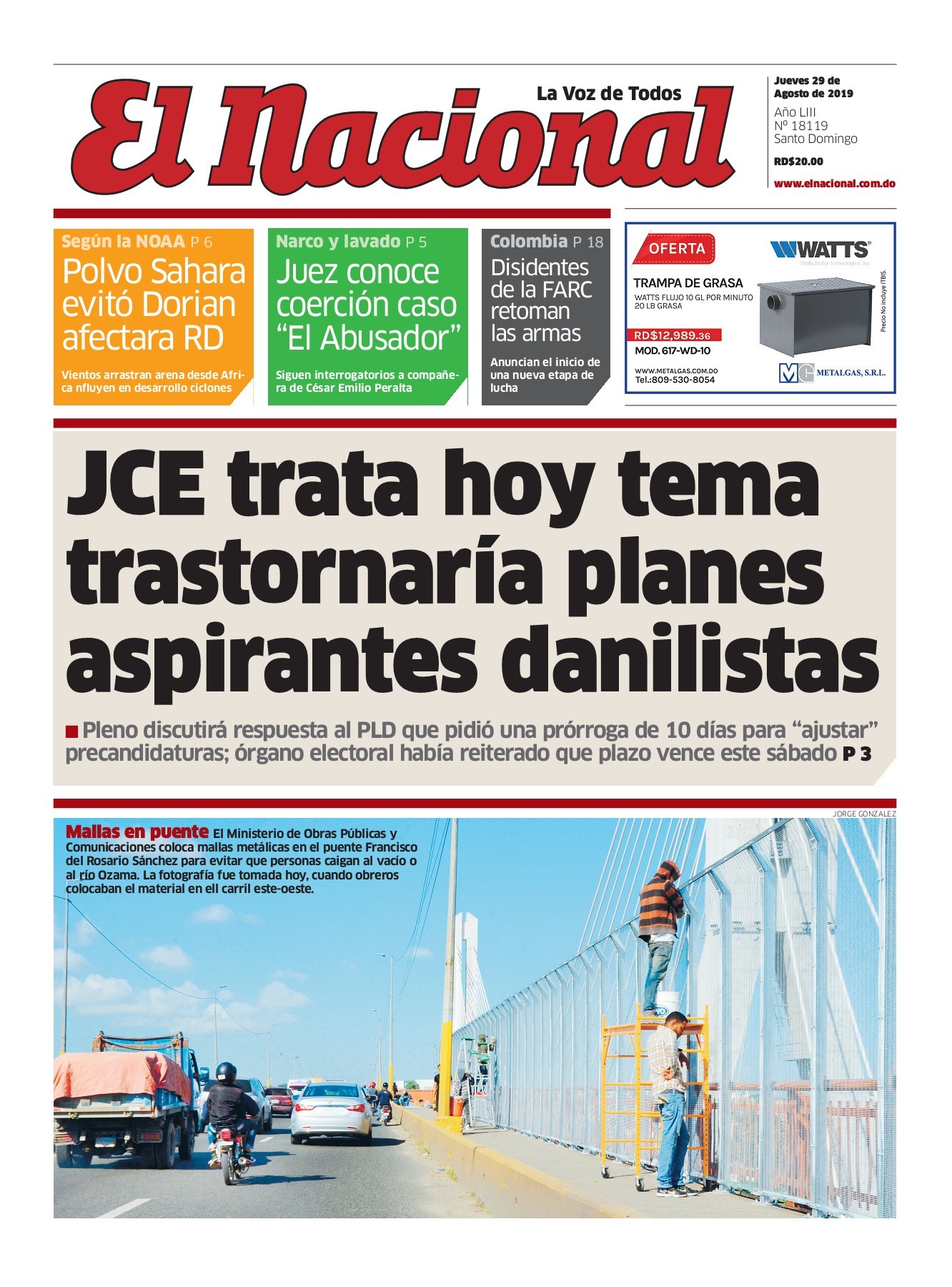 Portada Periódico El Nacional, Jueves 29 de Agosto, 2019