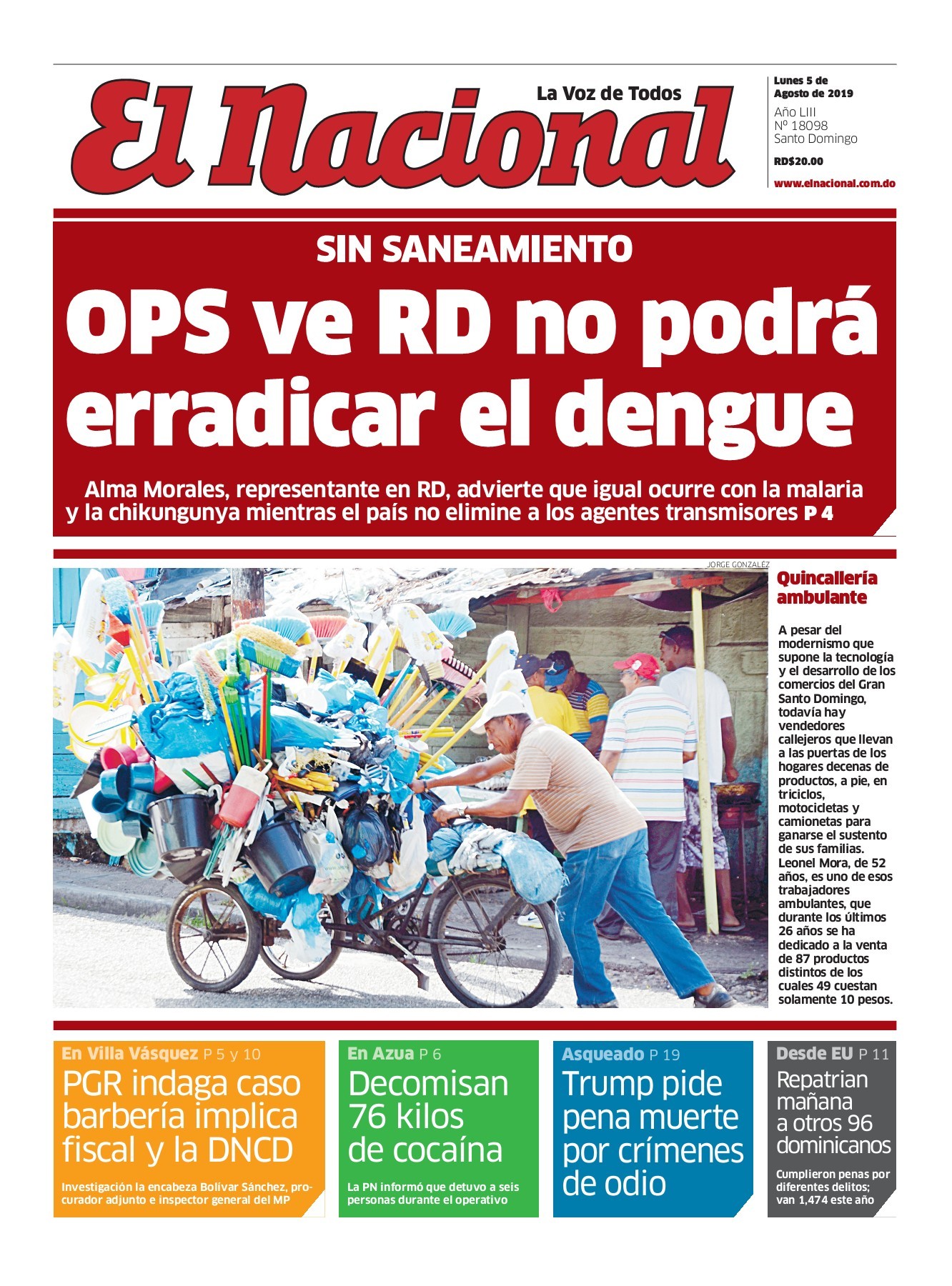 Portada Periódico El Nacional, Lunes 05 de Agosto, 2019