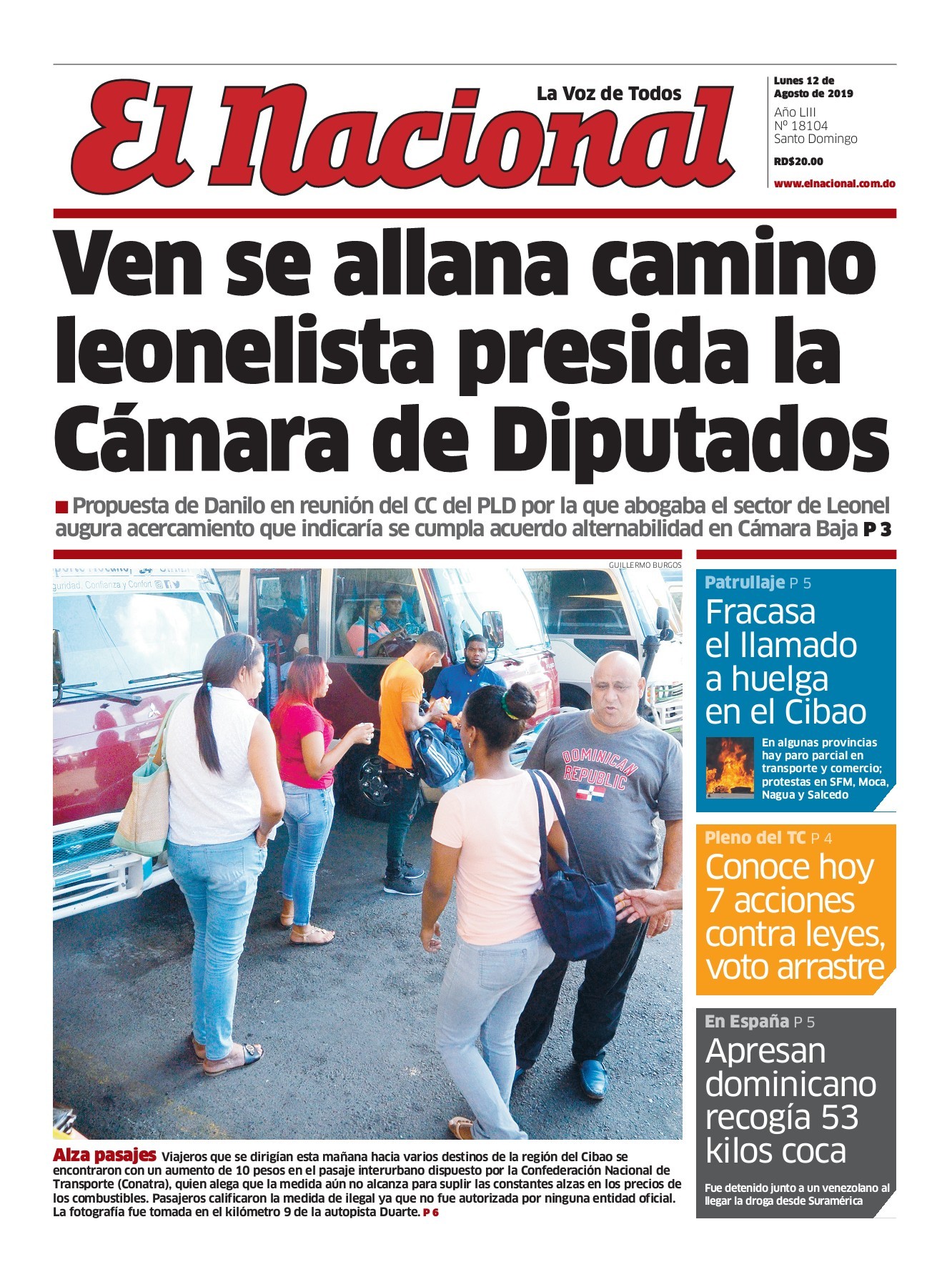 Portada Periódico El Nacional, Lunes 12 de Agosto, 2019